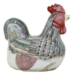 Vintage Chinese Famille Verte Porcelain Rooster Hand-Painted Covered Bowl