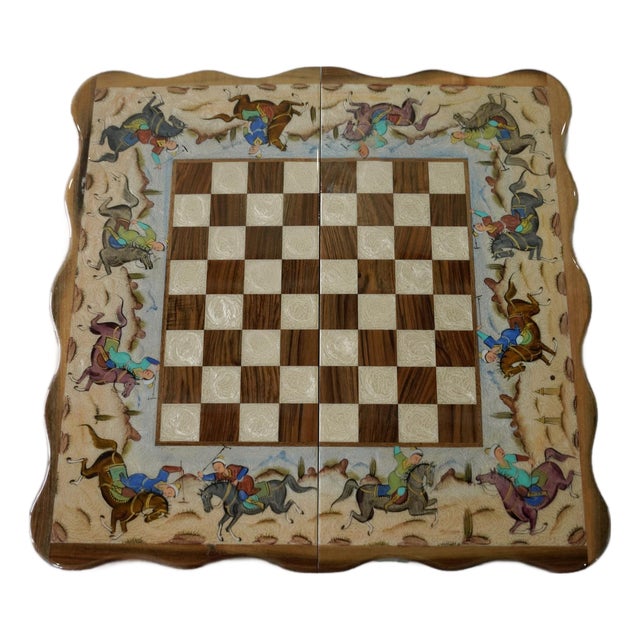 Hand-Painted Persian Miniature Polo Scene Chess & Backgammon Set, One-of-One For Sale