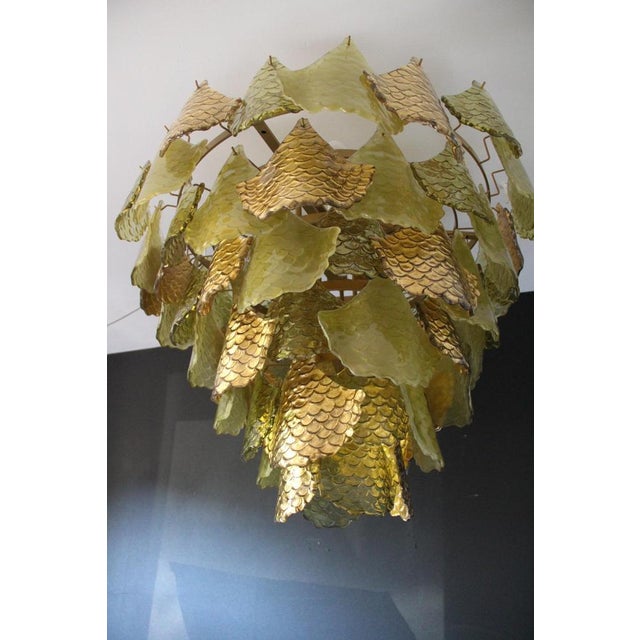 Green and Gold Murano Glass Chandelier with Scale Decoration, 2000s For Sale - Image 4 of 18