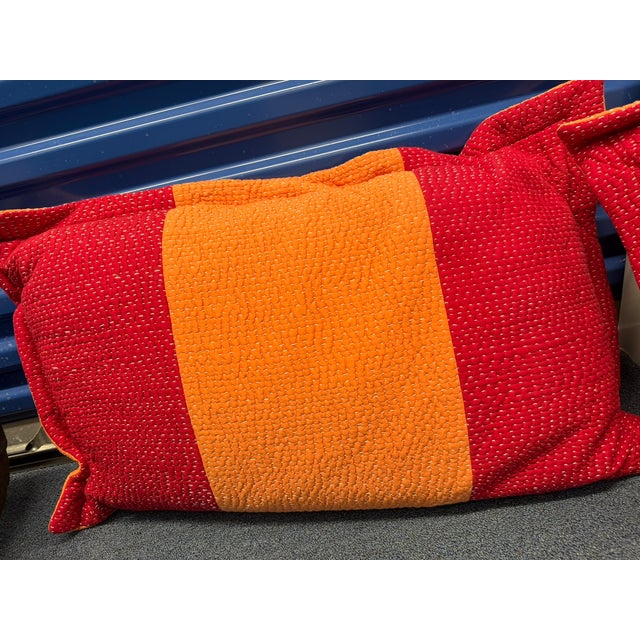 1980s Marimekko Style Pillow Shams – Modern Red & Orange Striped Quilted Covers For Sale - Image 5 of 6