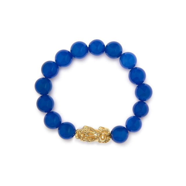 Haus of Brilliance 18K Yellow Gold Blue Agate Beaded Dragon Charm Bracelet For Sale - Image 4 of 4