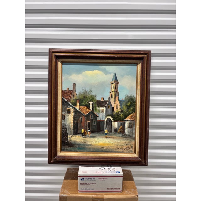This Vintage Framed Oil Painting Is Signed "Mary Botto" and Depicts a Charming European Village Street Scene With Old-World Stone Buildings. For Sale - Image 9 of 12