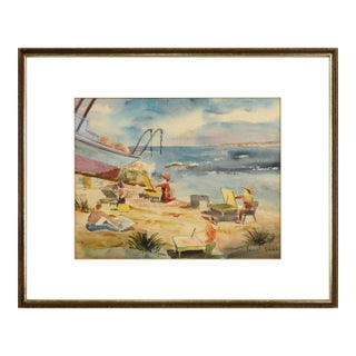 Art Class on the Beach, Vintage Bay Area Coast Figural Landscape Watercolor by Sewall Smith For Sale