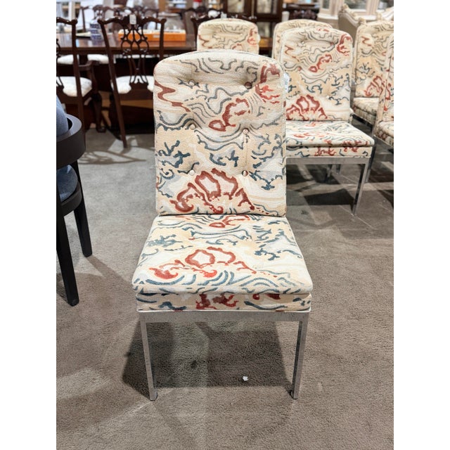Mid-Century Modern Cream, Blue & Red Set of 8 Attributed to Milo Baughman Chrome MCM Dining Chairs For Sale - Image 3 of 8