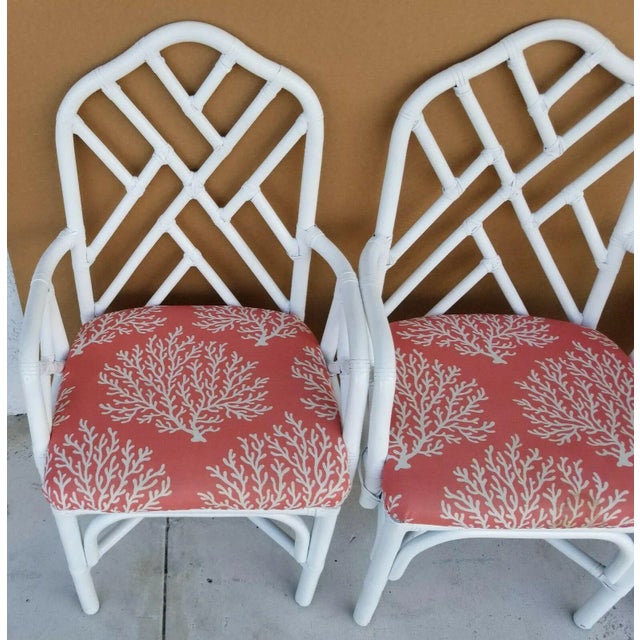 1970s McGuire Chippendale Style Coastal Mid-Century Modern Bamboo Rattan White Dining Armchairs - Set of 4 For Sale - Image 5 of 11