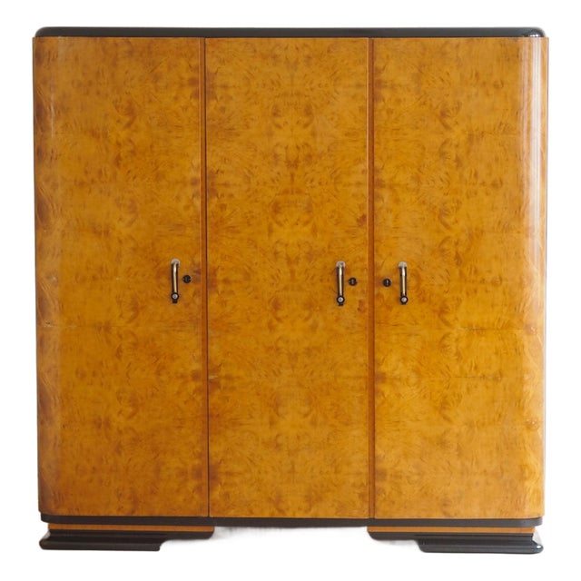 Art Deco Three-Door Wardrobe with Burl Wood Veneer, 1940 For Sale