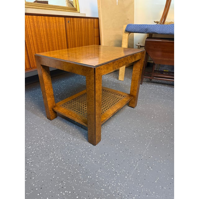 Mid-Century Modern 1970’s John Widdicomb Burlwood Side Table With Cane Shelf For Sale - Image 3 of 10