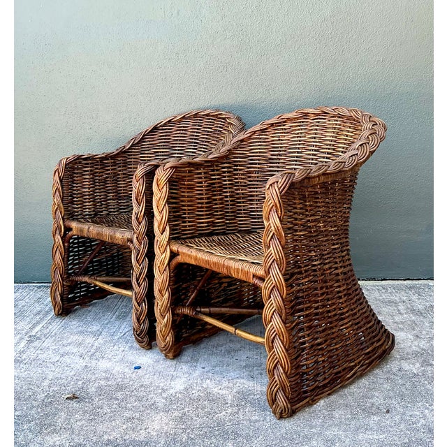 Late 20th Century Vintage Woven Rattan Lounge Chairs - Pair For Sale - Image 5 of 12