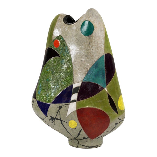 "Changing Hues" by Michael Gustavson, Raku Ceramic Vessel, Tilted Form, Soft Grey-Green and Red Glaze, Contemporary California Art, Vibrant Colors For Sale