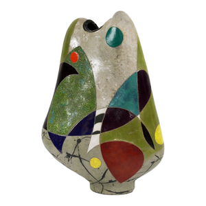 "Changing Hues" by Michael Gustavson, Raku Ceramic Vessel, Tilted Form, Soft Grey-Green and Red Glaze, Contemporary California Art, Vibrant Colors