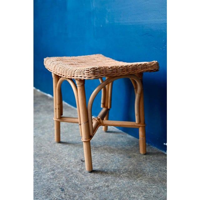 Wood Bohemian Ottoman Side Table in Rattan and Woven Wicker, 1970s For Sale - Image 7 of 8