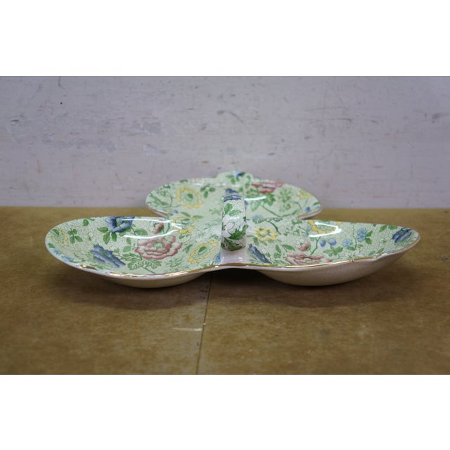 Antique Deans Burslem Dresden Green Chintz Divided Clover Dish 13" For Sale - Image 4 of 14