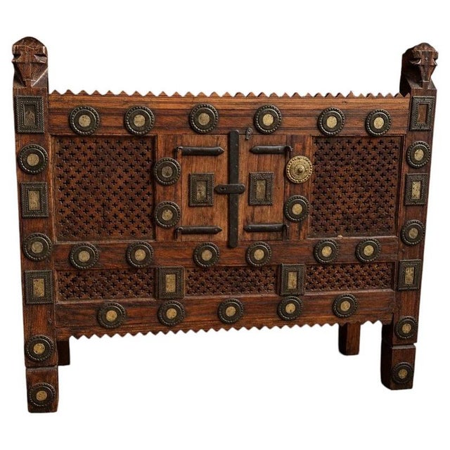 Antique Indian Hand-Carved Wooden Cabinet with Mirror Inlay and Hidden Compartment For Sale - Image 9 of 9