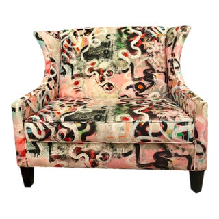 1990s High-Back Wingback Loveseat Upholstered in Street Diptyque Attributed to La Maison Pierre Frey For Sale