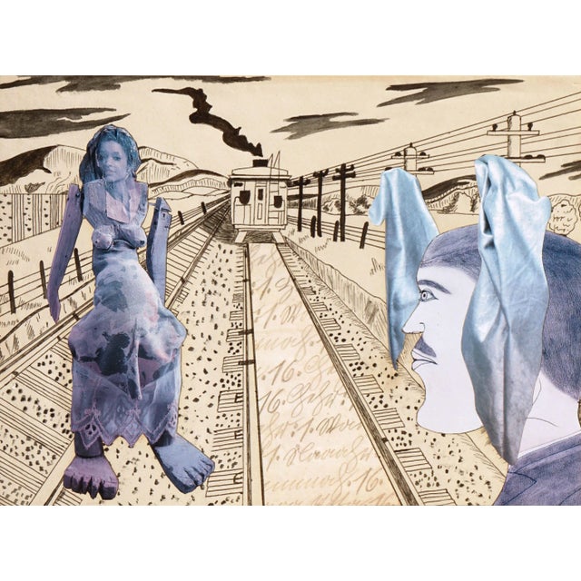 Mixed media figurative landscape collage of pen & ink, photographs and drawing titled "Wrong Side of Tracks" by California...