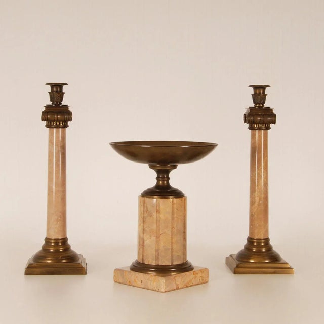 Marble Column Candlesticks Beige Marble and Bronze Etruscan Pair Candle Holders Ionic Order Capital Tazza - Set of 3 Tariff Free Delivery For Sale - Image 12 of 12