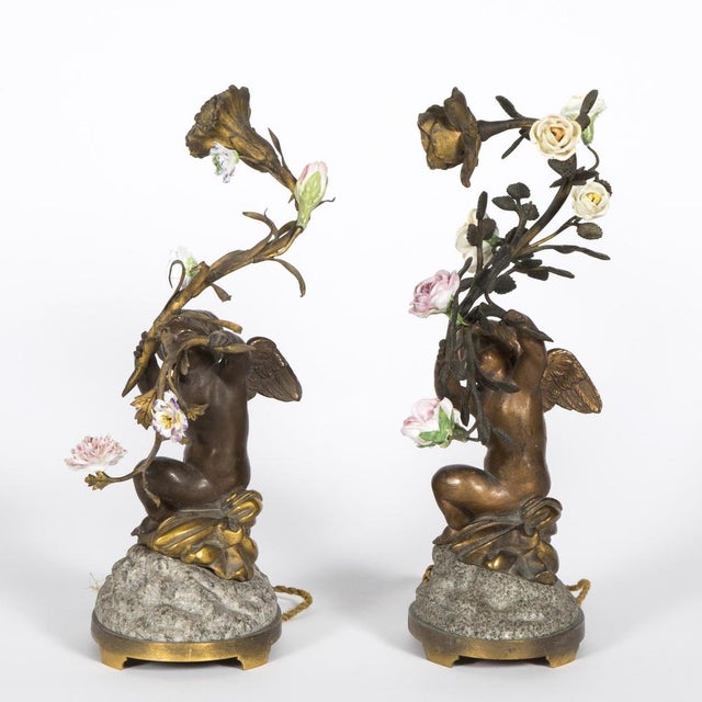 19th Century Table Lamps in Patinated Bronze, Porcelain and Granite, Set of 2 For Sale - Image 3 of 8