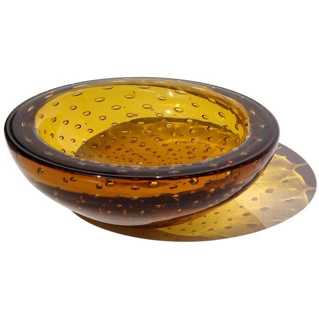 Mid-Century Modern Murano Golden Honey Amber Controlled Bubbles Italian Art Glass Vintage Decorative Catchall Bowl For Sale - Image 3 of 6