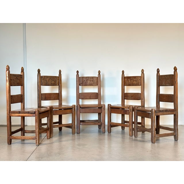 Set of 5 70s rustic style dining chairs, oak wood, table also available upon request.