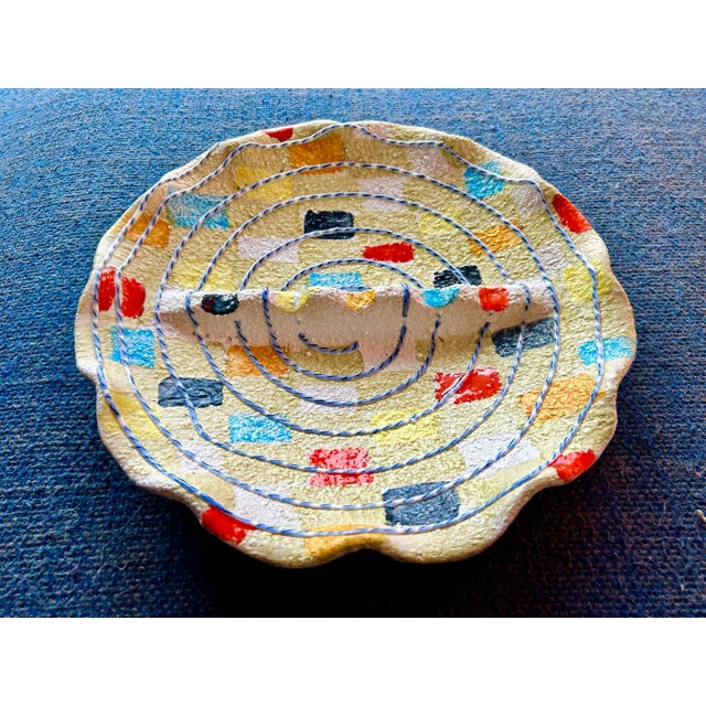 A stunning mid century Italian ceramic pottery catch-all or ashtray with colored squares and coiled rope design, and...