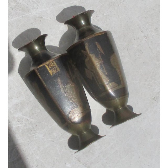 Metal Antique Japanese Egyptian Revival Brass Vases - A Pair of 2 For Sale - Image 7 of 8