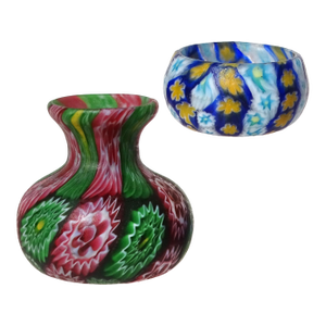 Antique Fratelli Toso Murano Miniature Flower Mosaic Murrines Italian Art Glass Vase and Dish - Set of 2