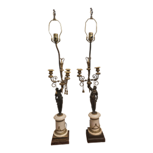 Pair 19th C. French Empire Marble and Bronze Figural Candelabra Mounted as Lamps