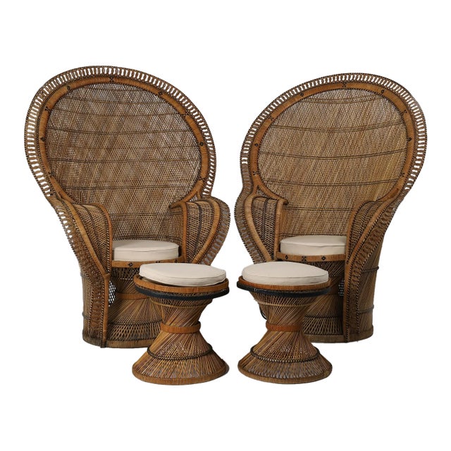 Pair of Vintage Anglo Indian Peacock Chairs With Matching Ottomans For Sale