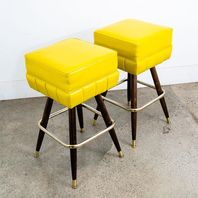 Wood Mid Century Modern Bar Stools Set 2 Yellow Square Vintage Brass Wood 1970s 32" For Sale - Image 7 of 8