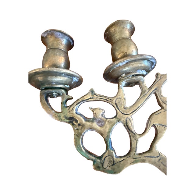 Antique Polish Brass Five-Light Shabbat Candelabra For Sale - Image 11 of 12