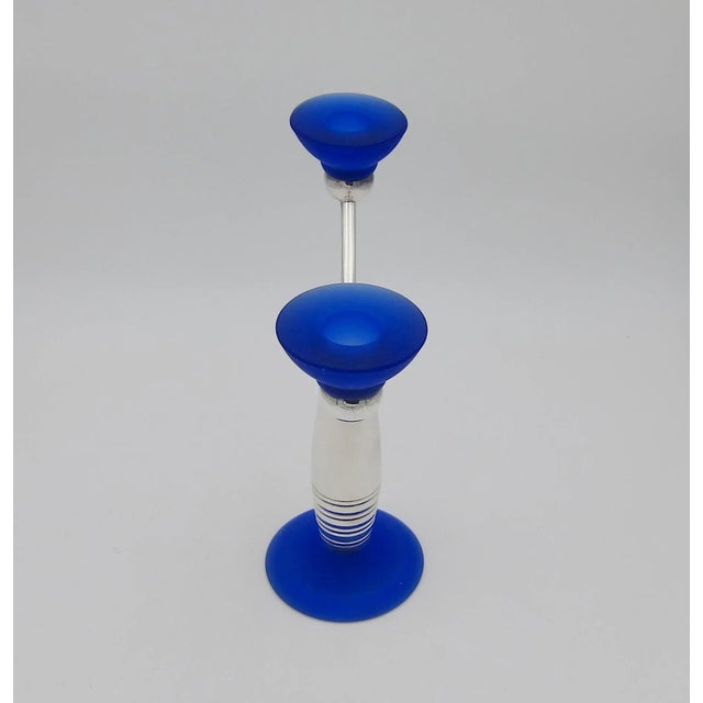 Late 20th Century Christofle Alexandrie French Modernist Candelabra in Silverplate and Blue Glass For Sale - Image 5 of 10