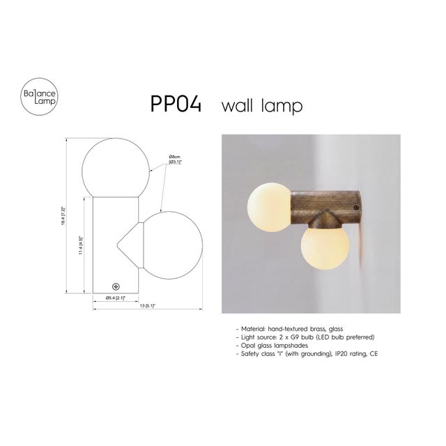 ‘PP04’ is a small wall lamp or ceiling lamp. Made of hand-textured brass, patinated and waxed and two frosted glass...