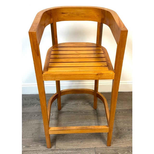Pair Architectural Solid Teak Bar Stools Attributed to Palecek, Organic Modern For Sale - Image 14 of 14
