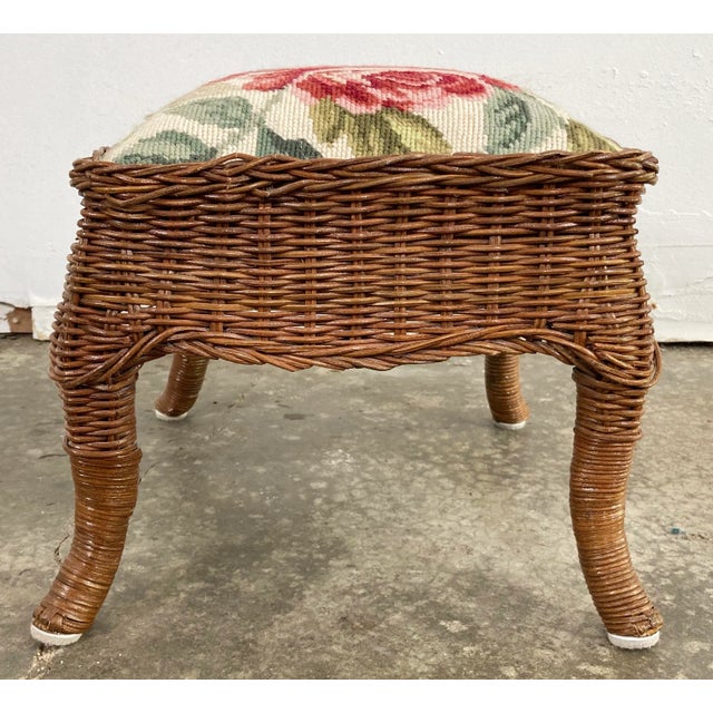 Wood Vintage Wicker Stool With Floral Needlepoint For Sale - Image 7 of 10