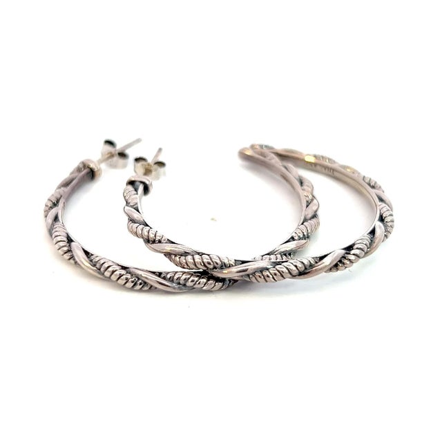 Silver 1990s Pair of John Hardy Estate "Jai" Hoop Earrings 1.75" Silver For Sale - Image 8 of 10