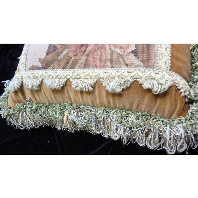 French Large Vintage Woven Roses Tapestry Cushion With Camel Velvet Backing For Sale - Image 3 of 5