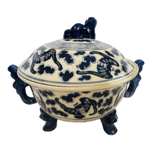 Chinese Porcelain Blue & White Tripod Censer Serving Bowl