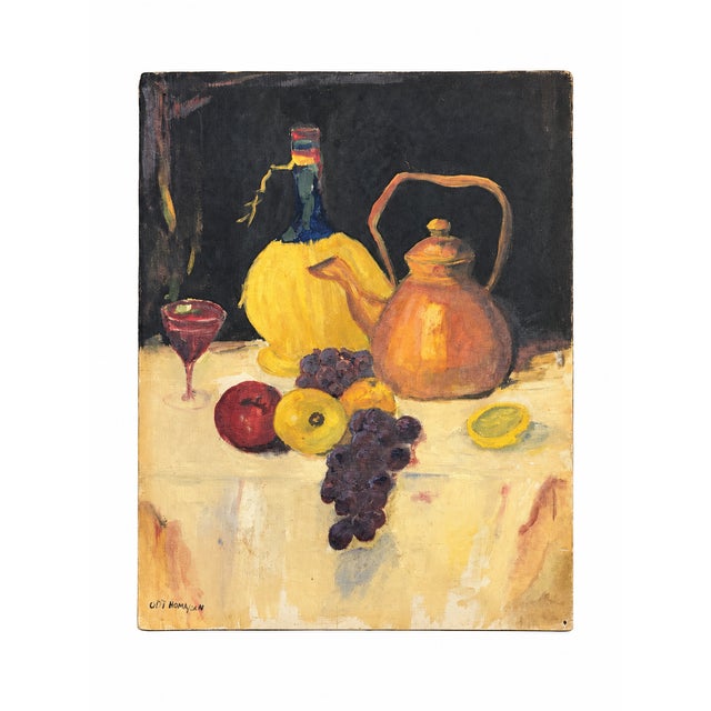 Original Vintage Kitchen Fruit and Wine With Copper Kettle Still Life Painting – 14" X 18" Signed For Sale - Image 9 of 9