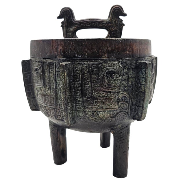 Mid-20th Century Chinese Archaistic Patinated Metal Ding-Form Tripod Censer For Sale In San Francisco - Image 6 of 15