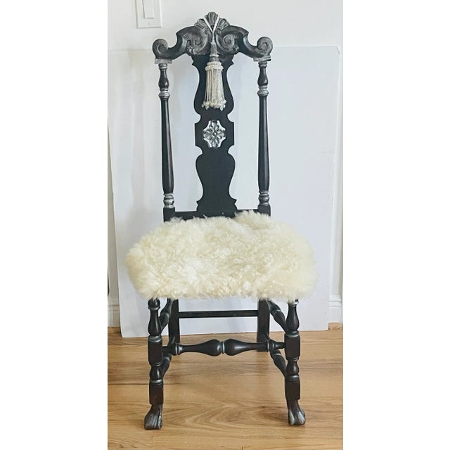 American antique Jacobean handmade chair, Redisigned and embellished. - silver wash, silver tone beaded tassels, sheepskin...