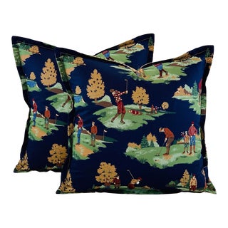 Designer Vicki Payne Free Spirit Printworks Blue Burgundy Green Tan Country Club Golf Toile Pillow Covers- 17" Pair For Sale