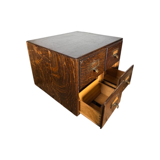 Wood Vintage Macey 4-Drawer Library Card Catalog Cabinet – Solid Wood Brass Hardware For Sale - Image 7 of 11