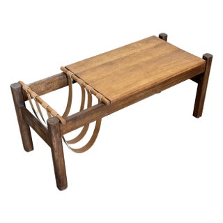 1970s French Brutalist Solid Oak Coffee Table With Magazine Holder For Sale