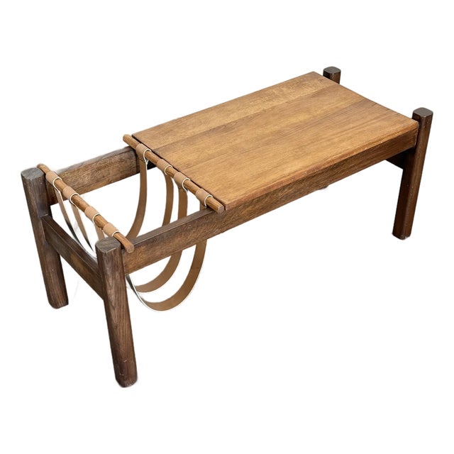 1970s French Brutalist Solid Oak Coffee Table With Magazine Holder For Sale
