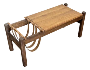 1970s French Brutalist Solid Oak Coffee Table With Magazine Holder