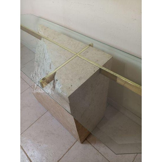 Vintage Mactan Tessellated Stone Brass Glass Console Sofa Table Style: Mid Century Modern Color: Beige Dimensions: Base...