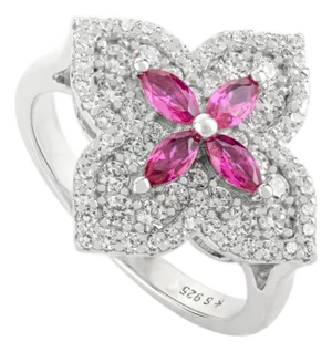 Elegant Clover Cluster Ring With Pink Cubic Zirconia in 925 Silver – Size 5