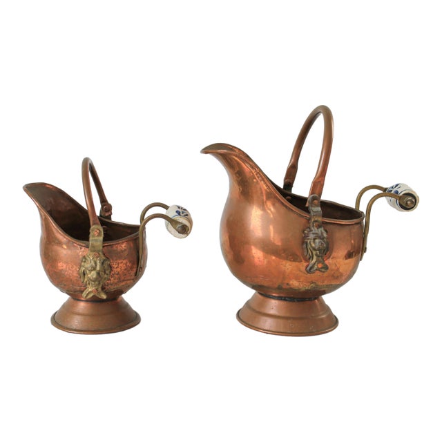 Copper and Brass Scuttle Coal Bucket Lion Head Planters - A Pair For Sale