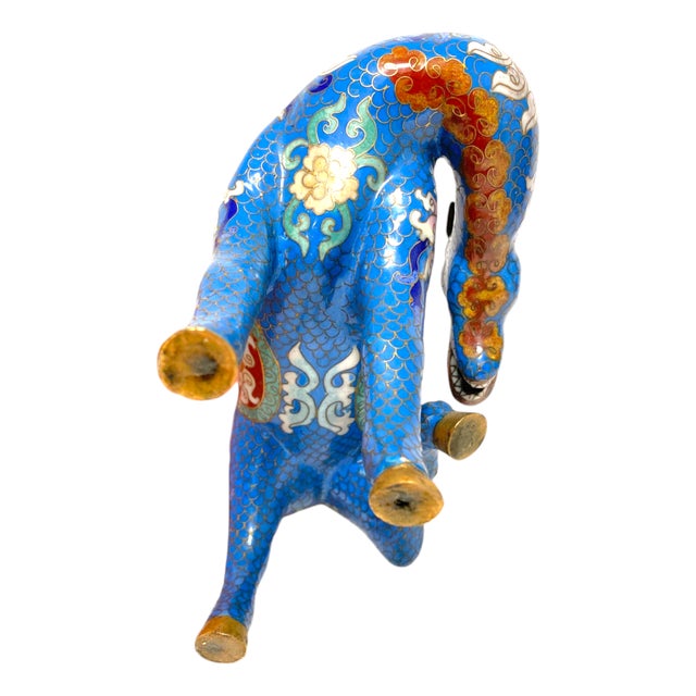 Vintage Chinese Cloisonné Horse Figurine Enamel Brass Statue Blue Red Gold 8.5" For Sale - Image 14 of 15