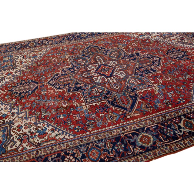 Textile Antique Heriz Red Handmade Persian Wool Rug With Multicolor Medallion Design For Sale - Image 7 of 11